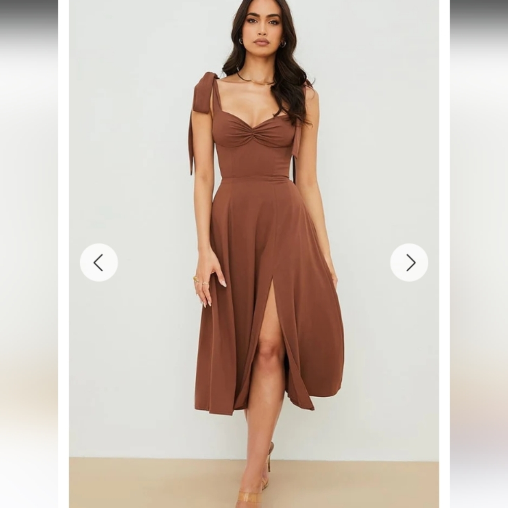 Tie-Shoulder Midi Dress in Brown - Picture 2 of 8